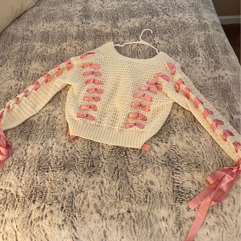 Women's Cream Sweater with Pink Ribbon Accents